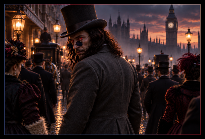 Sinister Victorian gentleman wearing a top hat, spectacles and dark overcoat reveals glowing red eyes on a misty, gaslit London street.