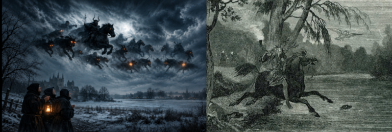 Two illustrations of the Wild Hunt: spectral horsemen and ghostly hounds galloping through a stormy night sky, alongside a vintage engraving of a supernatural huntsman riding through a forest.
