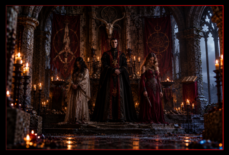 Sinister warlock in black and red robes presides over an occult ritual inside a ruined Gothic chamber, accompanied by two witches beneath a goat skull and occult banners.
