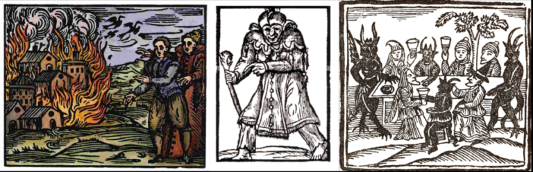 Three historical woodcut-style illustrations depicting a burning village, a sinister figure with a staff, and a gathering of witches and demonic creatures.