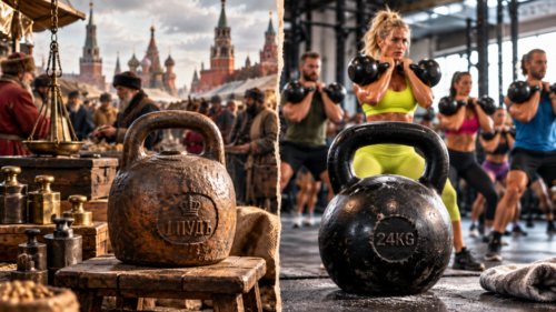 Split image showing an old Russian market weight beside a modern cast-iron kettlebell, with a contemporary kettlebell class performing double cleans in the background.
