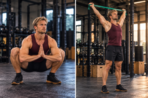 Athlete performing a deep bodyweight squat hold and an overhead resistance-band shoulder mobility exercise before kettlebell training.
