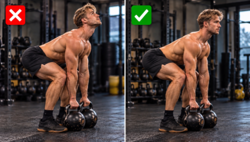 Split comparison showing exaggerated spinal extension during a double kettlebell deadlift beside a controlled neutral-spine lifting position.