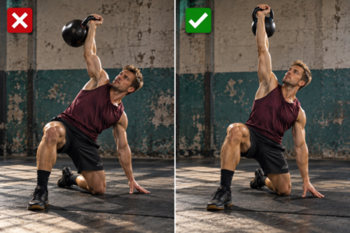 Split comparison showing an unstable overloaded Turkish get-up beside a controlled get-up performed with appropriate weight.