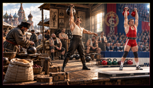 Historical progression from a Russian market weight to nineteenth-century physical culture and organised Soviet kettlebell competition.