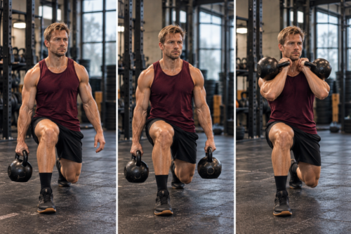 Three-stage kettlebell lunge progression showing one suitcase-loaded bell, two suitcase-loaded bells and two bells in the rack position.