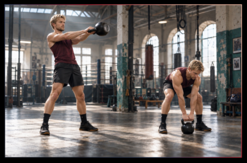 Athlete shown controlling a kettlebell at the top of a swing and safely parking it on the floor in a spacious training gym.