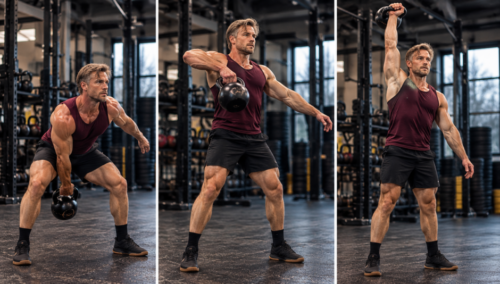 Three-stage sequence showing the backswing, acceleration and overhead lockout of a single-arm kettlebell snatch.