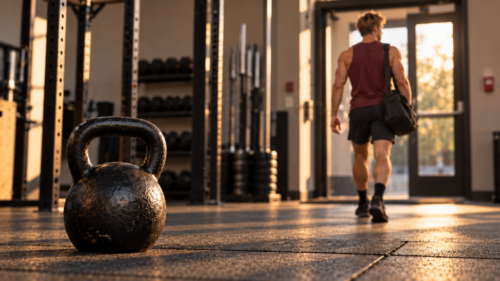 Single kettlebell parked on the gym floor in sharp focus while an athlete carrying his bag walks toward the exit in the distance.