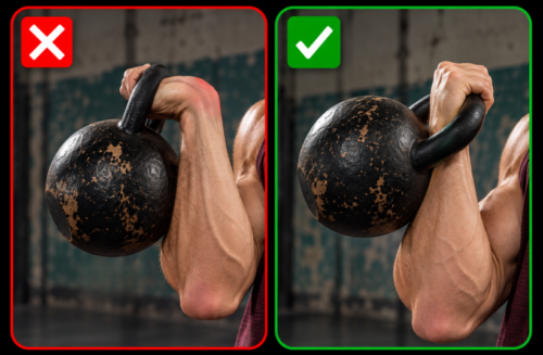 Close-up comparison showing a bent wrist from poor kettlebell hand insertion beside correct neutral wrist alignment.