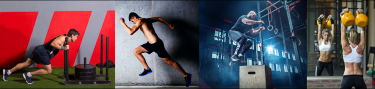 Four fitness images showing functional training movements: a man pushing a weighted sled, a runner sprinting forward, an athlete performing a box jump in a gym, and a woman pressing kettlebells overhead.