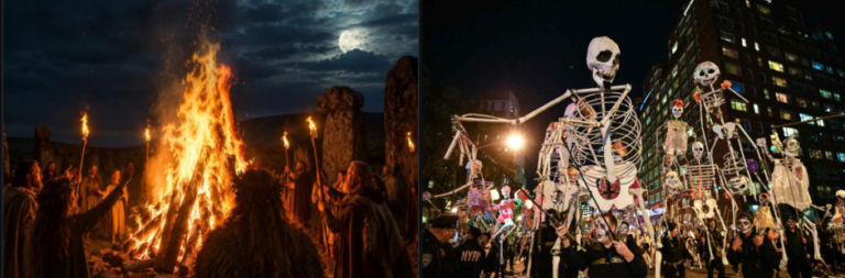 Two contrasting images: a firelit gathering around a large ceremonial bonfire beside standing stones at night, and a modern Halloween street parade featuring giant skeleton figures in a brightly lit city.