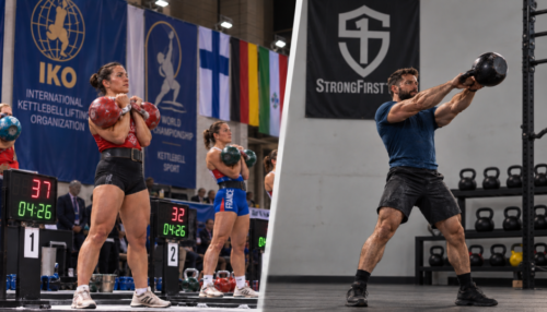 Split image showing women competing in international Girevoy Sport beside a man performing a Hardstyle kettlebell swing in a StrongFirst gym.