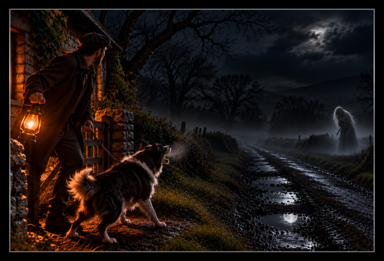 A man carrying a lantern walks with his dog along a dark Irish country lane, while a ghostly Banshee appears in the distance.