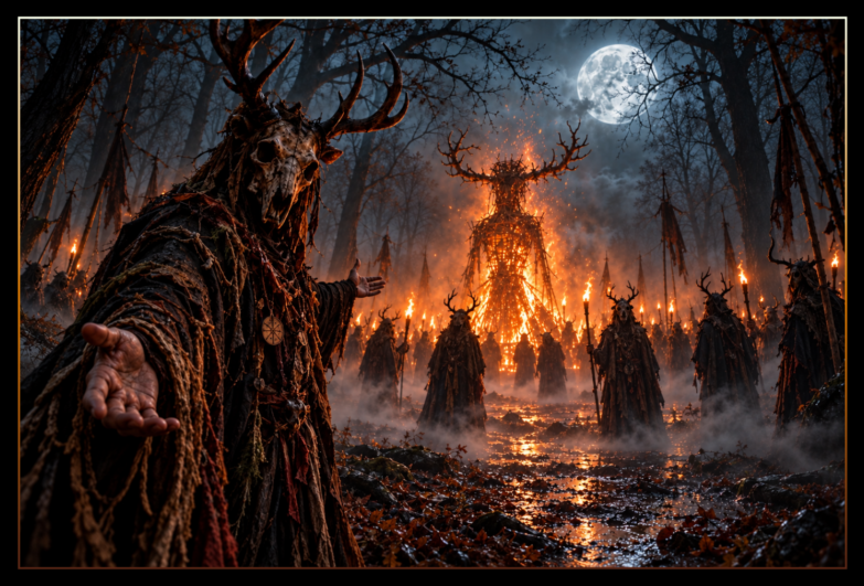 An imposing antlered figure wearing a skull mask beckons towards a burning wicker effigy, surrounded by sinister cloaked figures in a misty, moonlit forest.