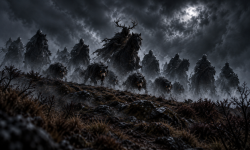 Spectral horsemen and a terrifying huntsman charge across a dark moorland hill, accompanied by a pack of ghostly hounds beneath storm clouds.