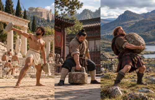 Ancient Greek athlete lifting halteres, Chinese strength practitioner using a stone lock and Scottish strongman lifting a heavy stone.