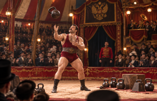 Russian circus strongman juggling an iron kettlebell above a sawdust ring as a period audience watches.