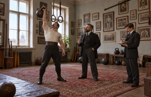 Nineteenth-century Russian strongman lifting a girya while Vladislav Kraevsky observes and an associate records his performance.