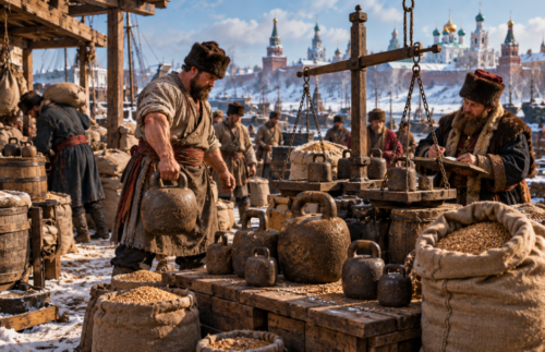 Historical Russian market where workers handle iron girya beside grain sacks, barrels and a traditional weighing scale.