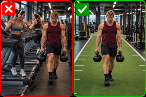 Split image showing a kettlebell farmer’s carry dangerously performed behind treadmills versus safely performed on a clear training lane.